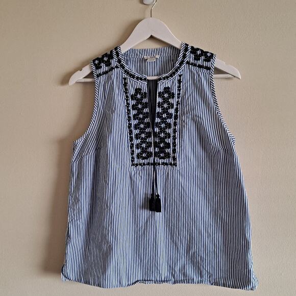 J. Crew Blue White Stripe SleevelessEmbroidered Neckline w Tassle Top - Size 6 - Picture 5 of 11